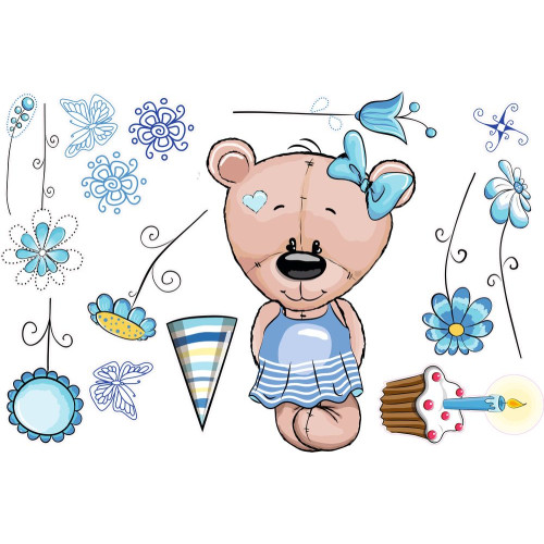 Maci virágokkal, szülinapos falmatrica, kék | 15 db-os szett | 70 cm x 45 cm-től Maci virágokkal, szülinapos falmatrica, kék | 15 db-os szett | 70 cm x 45 cm-től