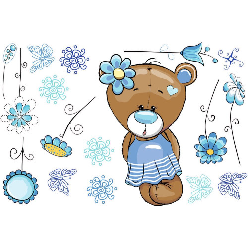 Kék maci kislány virágokkal, falmatrica | 17 db-os szett | 70 cm x 45 cm-től