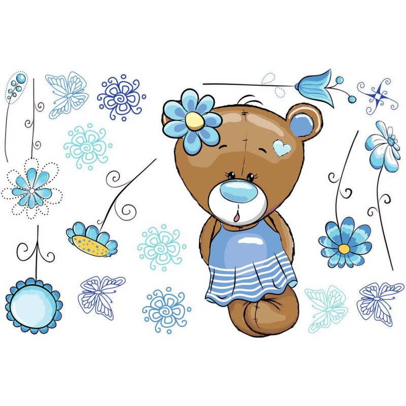 Kék maci kislány virágokkal, falmatrica | 17 db-os szett | 70 cm x 45 cm-től