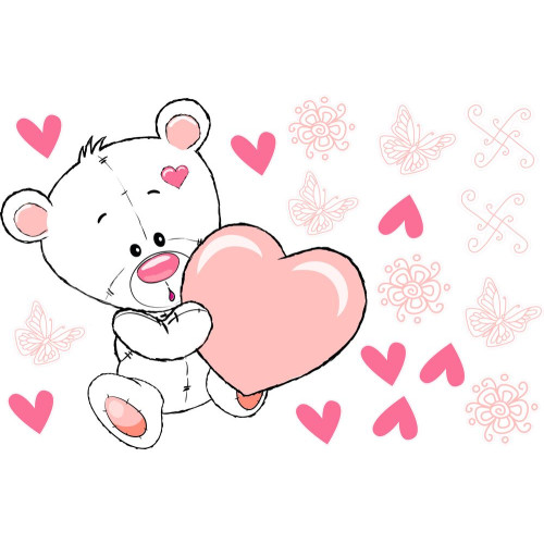 Maci rózsaszín szívvel fehér falmatrica | 18 db-os szett | 70 cm x 45 cm-től