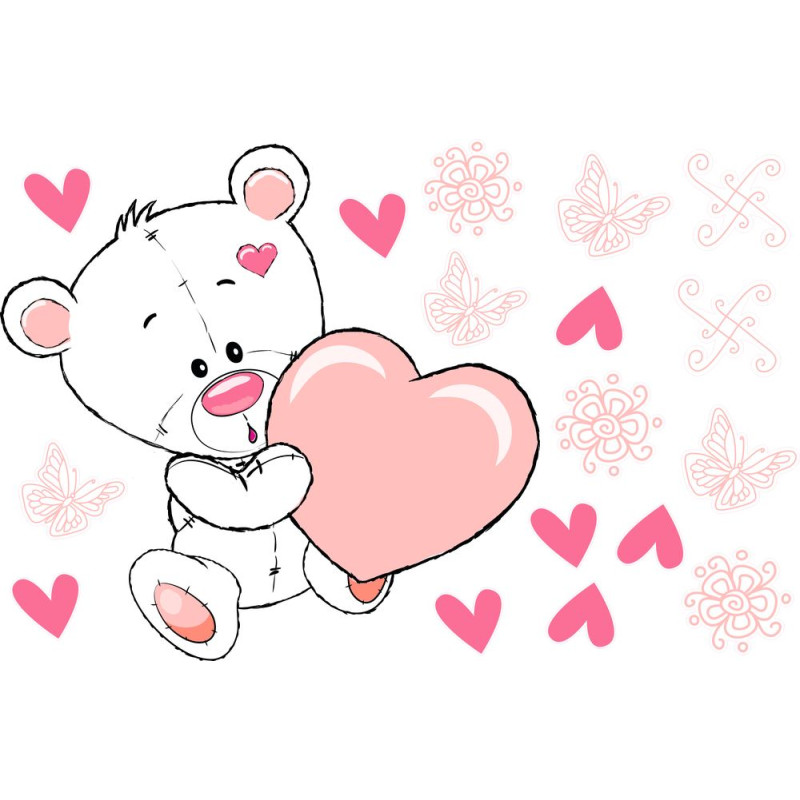 Maci rózsaszín szívvel fehér falmatrica | 18 db-os szett | 70 cm x 45 cm-től