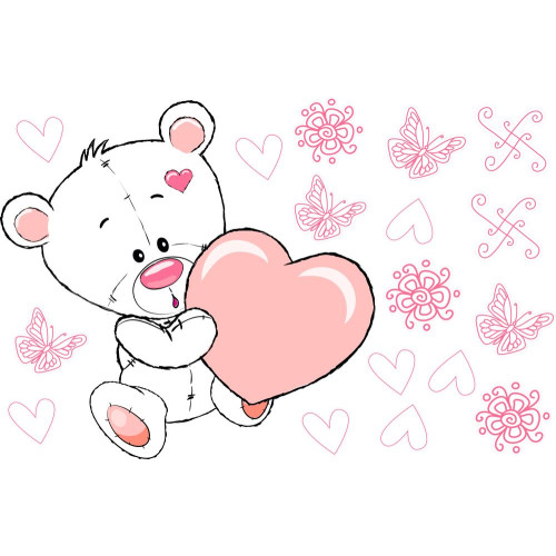 Maci rózsaszín szívvel foszforeszkáló falmatrica | 18 db-os szett | 90 cm x 60 cm-től