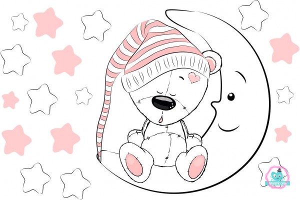Lány maci holdon ül csillagokkal, fehér falmatrica  |  18 db-os szett | 70 cm x 45 cm-től