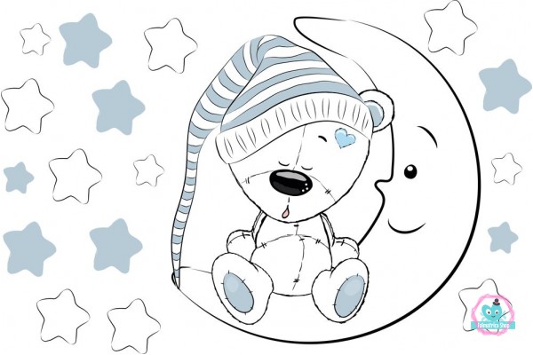 Maci holdon ül csillagokkal, fehér falmatrica  |  18 db-os szett | 70 cm x 45 cm-től