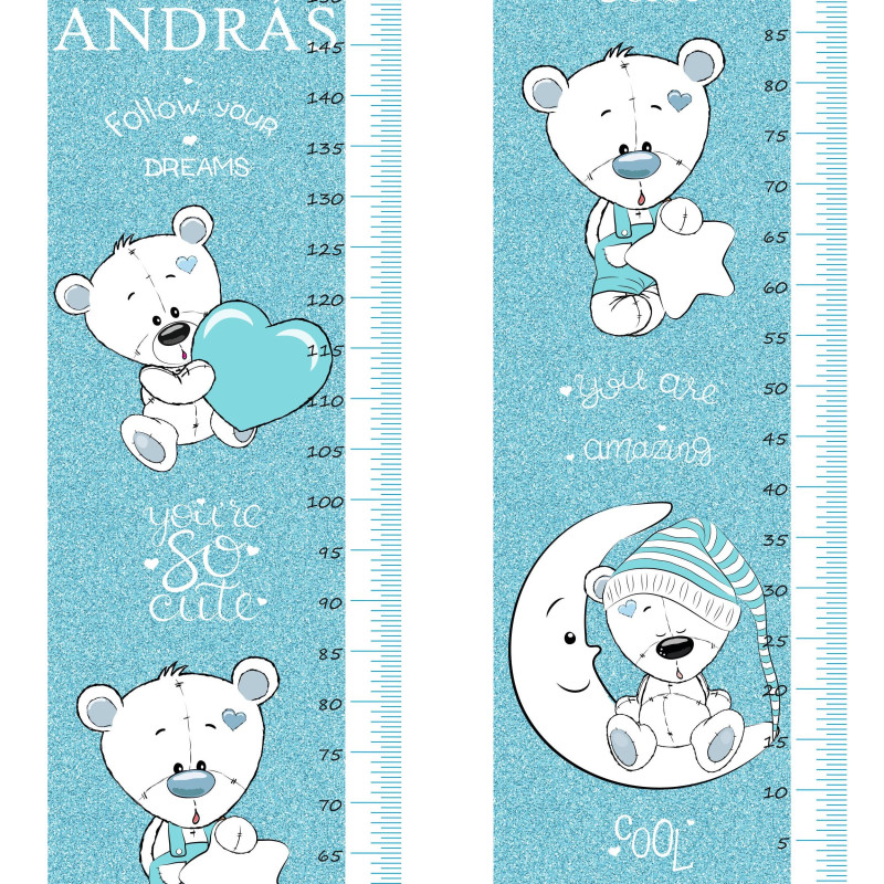 Glitteres kék macis magasságmérős matrica, névre szóló, fiú | 35 cm x 150 cm