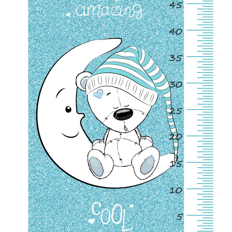 Glitteres kék macis magasságmérős matrica, névre szóló, fiú | 35 cm x 150 cm