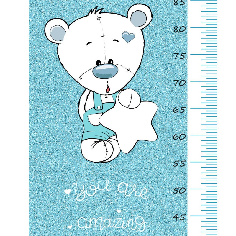 Glitteres kék macis magasságmérős matrica, névre szóló, fiú | 35 cm x 150 cm