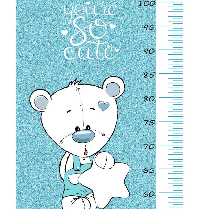 Glitteres kék macis magasságmérős matrica, névre szóló, fiú | 35 cm x 150 cm