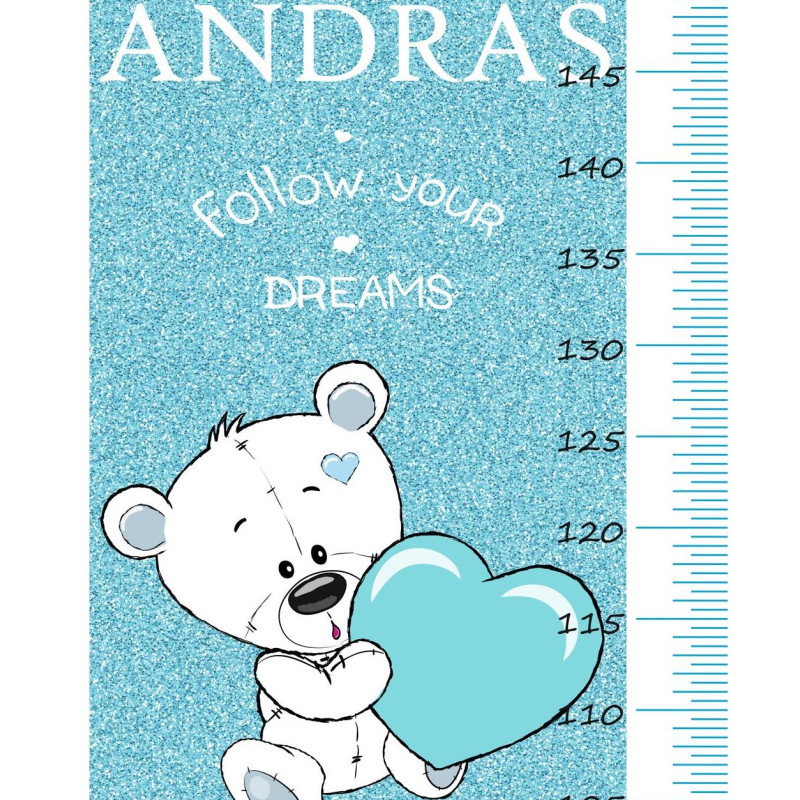 Glitteres kék macis magasságmérős matrica, névre szóló, fiú | 35 cm x 150 cm