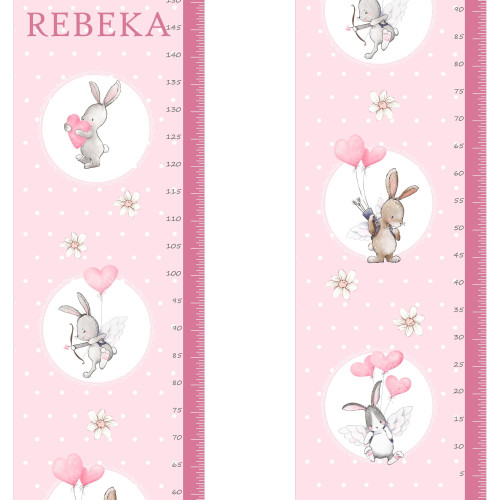 Rózsaszín, nyuszis, pöttyös magasságmérős matrica, névre szóló | 35 cm x 150 cm