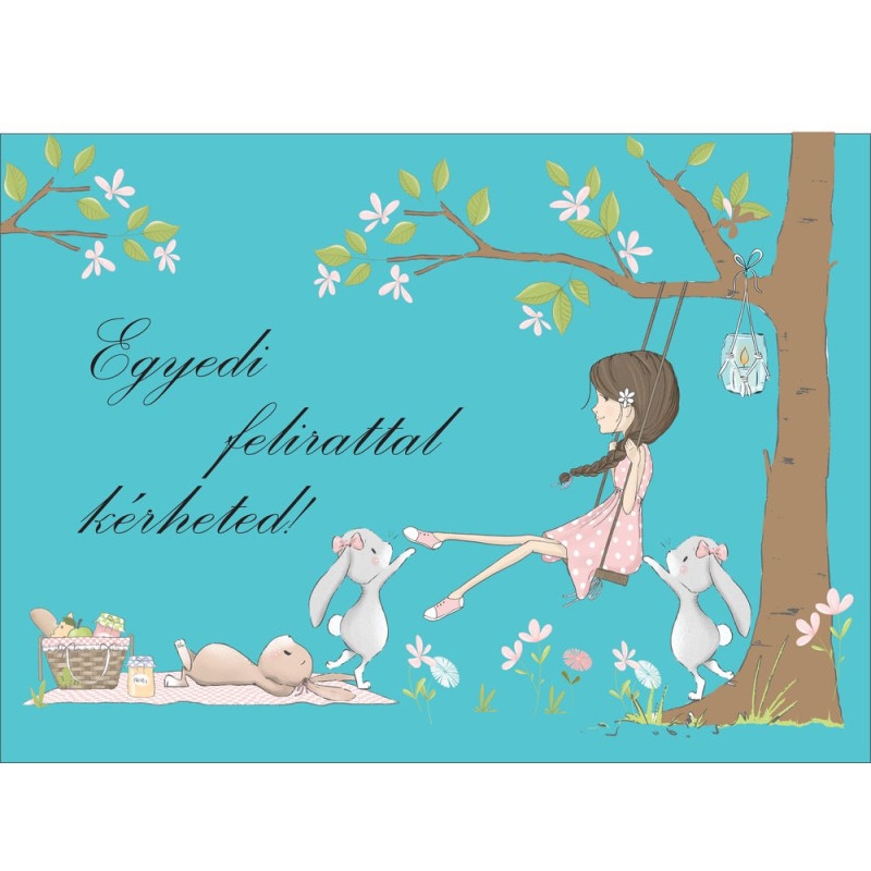 Barna hajú lány hintázik a fán, nyuszikkal poszter, egyedi felirattal - 300 cm x 200 cm Barna hajú lány hintázik a fán, nyuszikkal poszter, egyedi felirattal - 300 cm x 200 cm