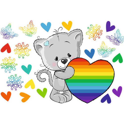 Szivárványos cicás falmatrica gyerekszobába | 22 db-os szett | 70 x 45 cm-től