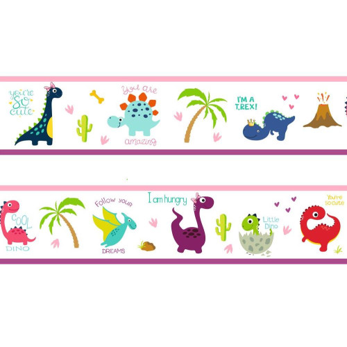 Dinoszauruszos öntapadós bordűr, pink | 500 cm x 14 cm