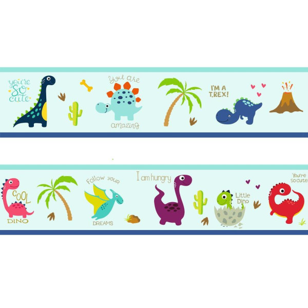 Dinoszauruszos öntapadós bordűr, kék | 500 cm x 14 cm
