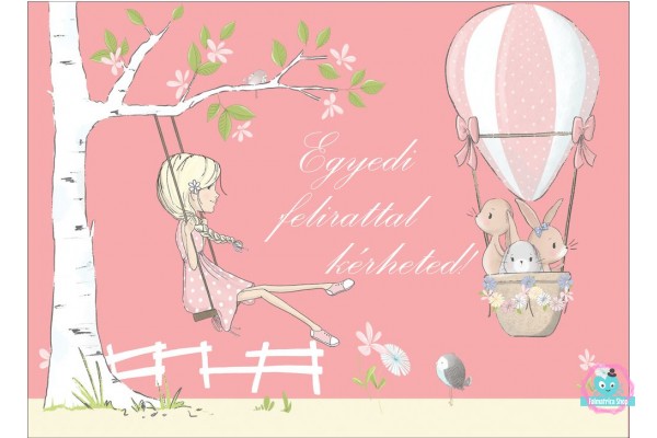 Hőlégballonos nyuszik, kislány fán hintázik poszter, egyedi felirattal  - 300 cm x 200 cm