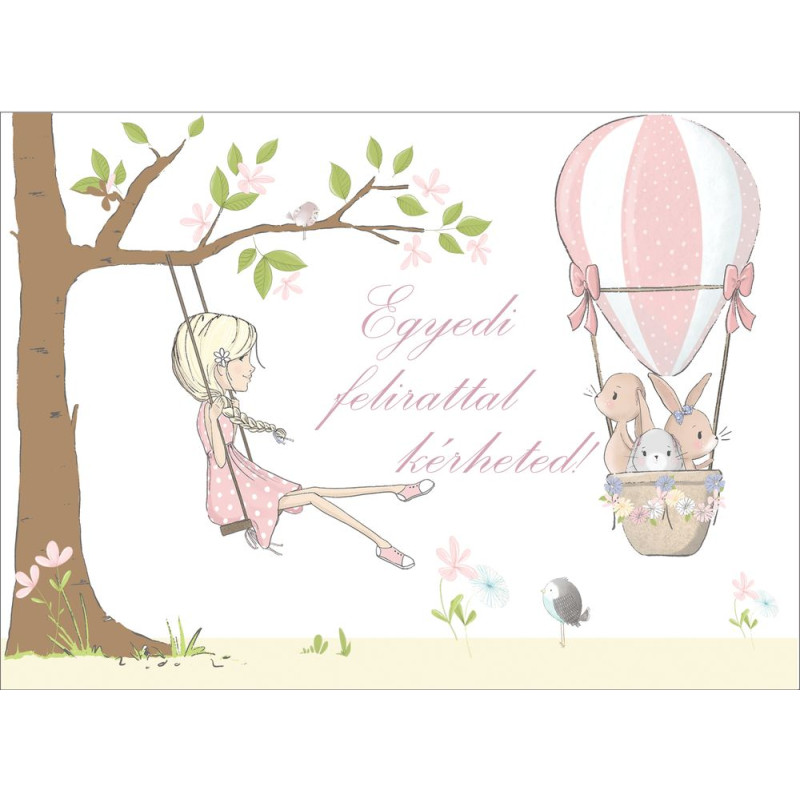 Hőlégballonos nyuszik, kislány fán hintázik poszter, egyedi felirattal - 300 cm x 200 cm
