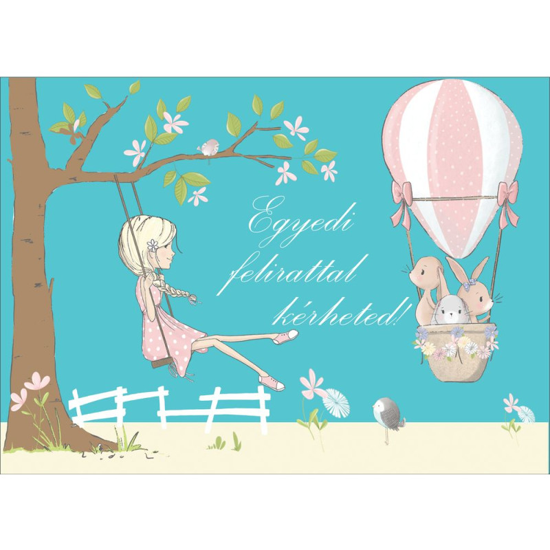 Hőlégballonos nyuszik, kislány fán hintázik poszter, egyedi felirattal - 300 cm x 200 cm