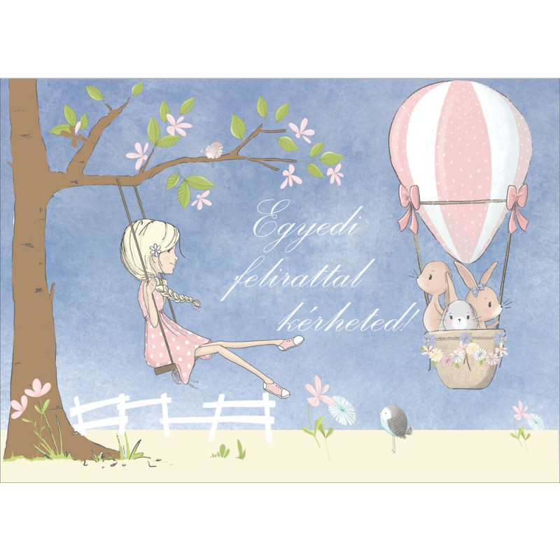 Hőlégballonos nyuszik, kislány fán hintázik poszter, egyedi felirattal - 300 cm x 200 cm