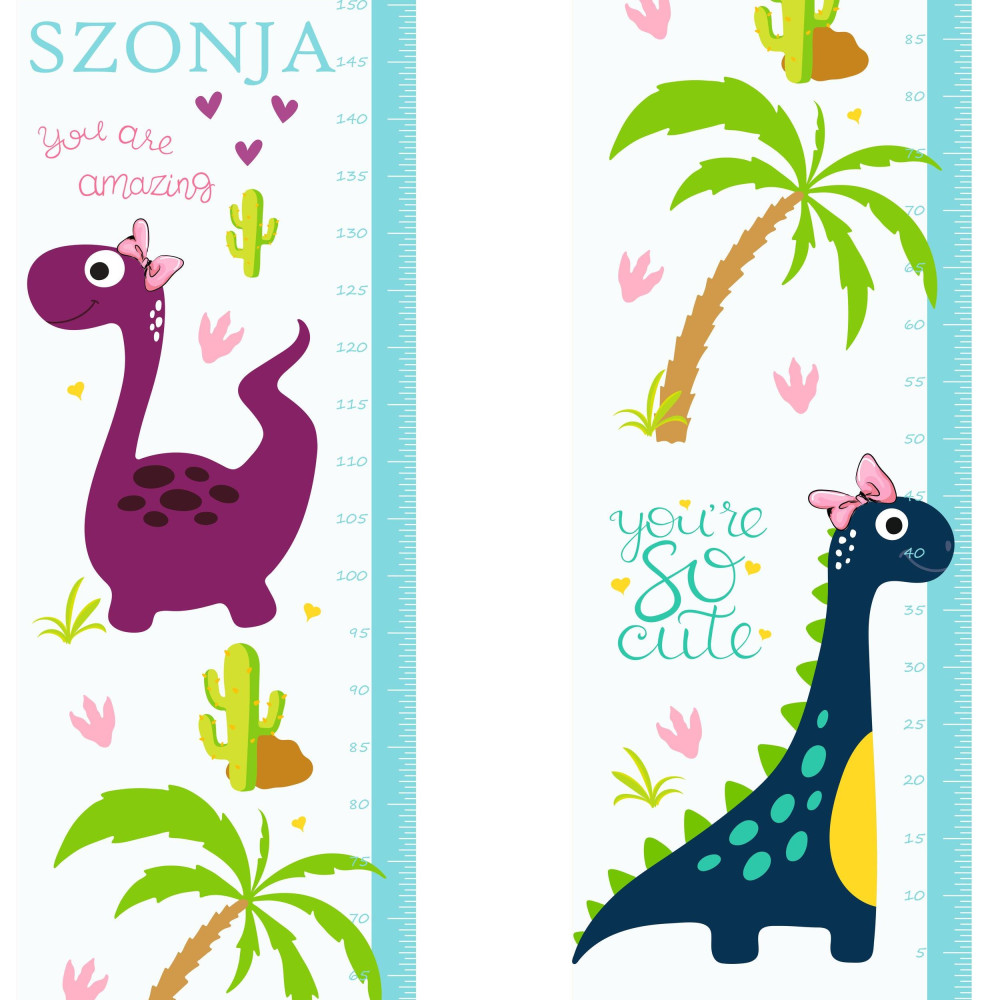 Dinoszauruszos magasságmérős matrica, névre szóló, lány | 35 cm x 150 cm Dinoszauruszos magasságmérős matrica, névre szóló, lány | 35 cm x 150 cm