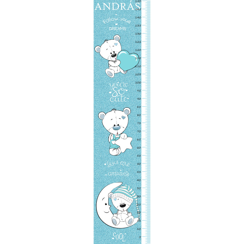 Glitteres kék macis magasságmérős matrica, névre szóló, fiú | 35 cm x 150 cm