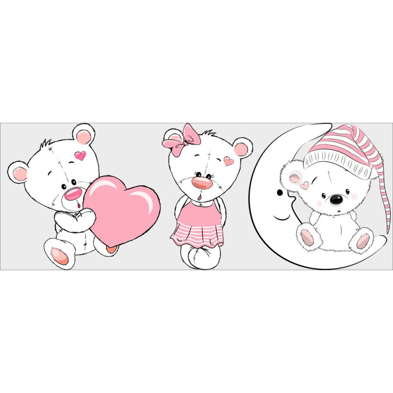 Rózsaszín macis falmatrica, fehér | 3 db-os szett