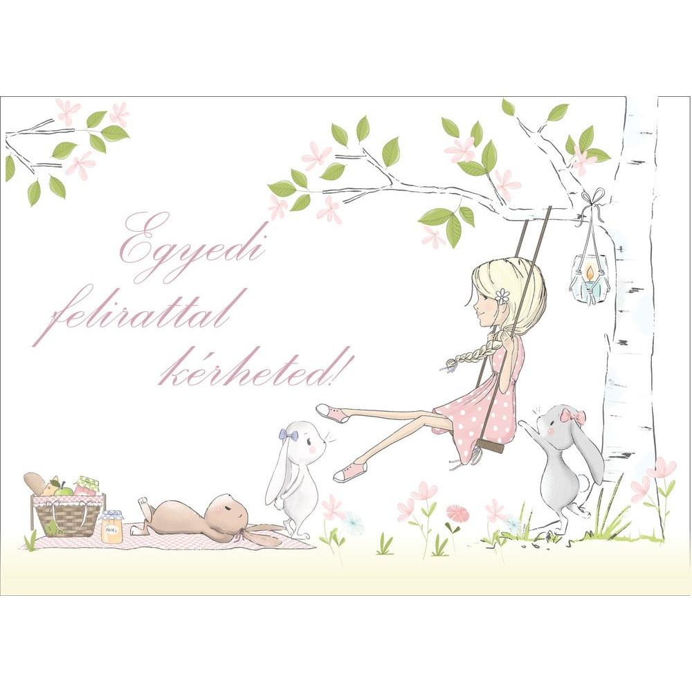 Lány hintázik a fán, nyuszikkal csajos poszter, egyedi felirattal - 300 cm x 200 cm