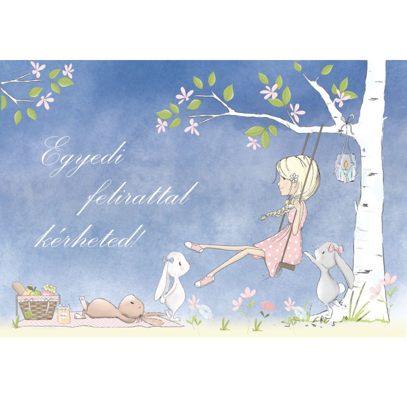 Lány hintázik a fán, nyuszikkal csajos poszter, egyedi felirattal - 300 cm x 200 cm