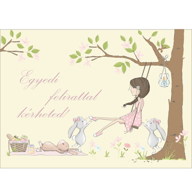 Barna hajú lány hintázik a fán, nyuszikkal poszter, egyedi felirattal - 300 cm x 200 cm Barna hajú lány hintázik a fán, nyuszikkal poszter, egyedi felirattal - 300 cm x 200 cm