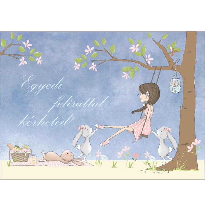 Barna hajú lány hintázik a fán, nyuszikkal poszter, egyedi felirattal - 300 cm x 200 cm Barna hajú lány hintázik a fán, nyuszikkal poszter, egyedi felirattal - 300 cm x 200 cm