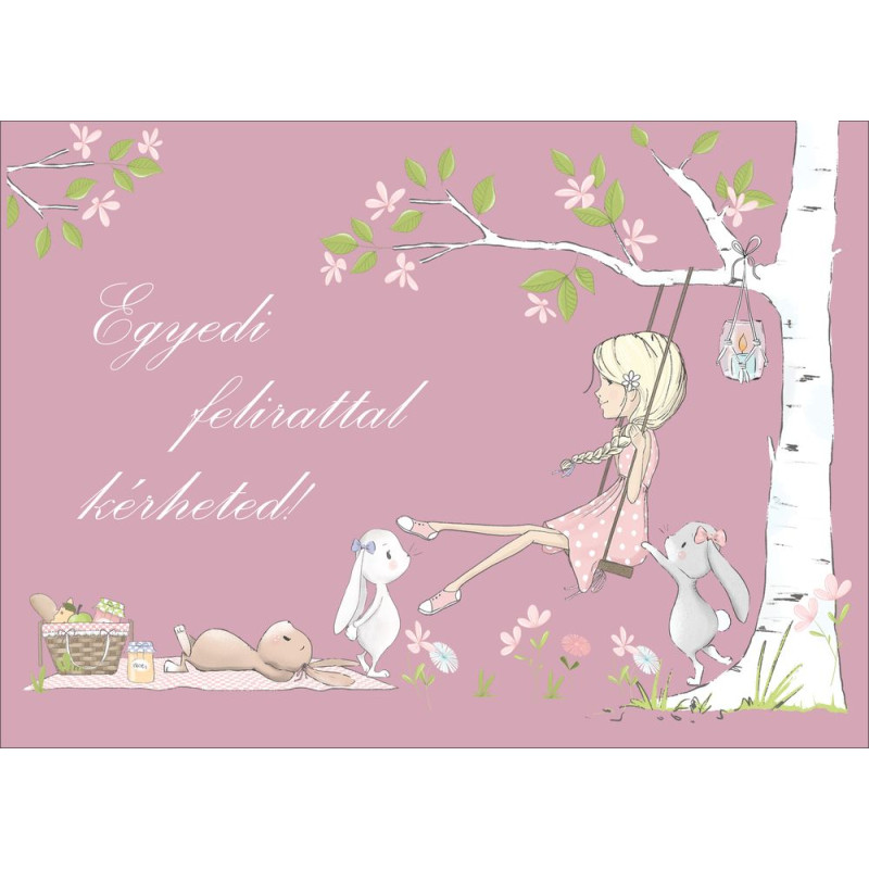 Lány hintázik a fán, nyuszikkal csajos poszter, egyedi felirattal - 300 cm x 200 cm