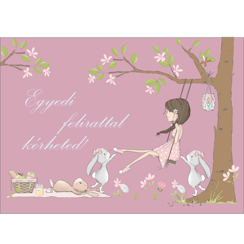 Barna hajú lány hintázik a fán, nyuszikkal poszter, egyedi felirattal - 300 cm x 200 cm Barna hajú lány hintázik a fán, nyuszikkal poszter, egyedi felirattal - 300 cm x 200 cm