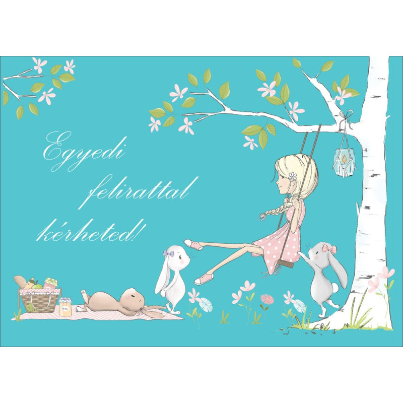 Lány hintázik a fán, nyuszikkal csajos poszter, egyedi felirattal - 300 cm x 200 cm