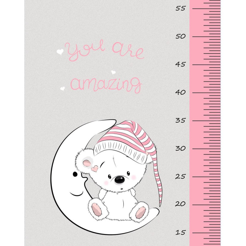 Macis, rózsaszín, szürke, kavicsos, homokos hátterű, magasságmérős matrica, névre szóló, lány | 35 cm x 150 cm