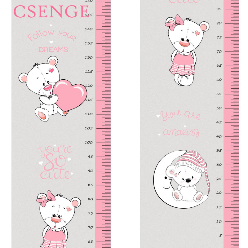 Macis, rózsaszín, szürke, kavicsos, homokos hátterű, magasságmérős matrica, névre szóló, lány | 35 cm x 150 cm