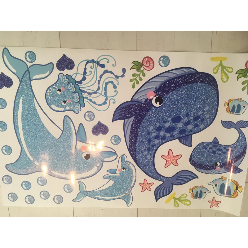 Delfin, bálna, tenger élővilága, csillámos falmatrica | 33 db-os szett | 70 cm x 45 cm-től