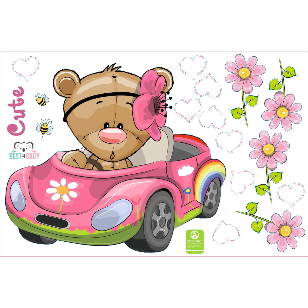 Teddy macis gyerekszoba falmatrica, autóban, PRÉMIUM| 17 db-os szett | 70 cm x 45 cm-től
