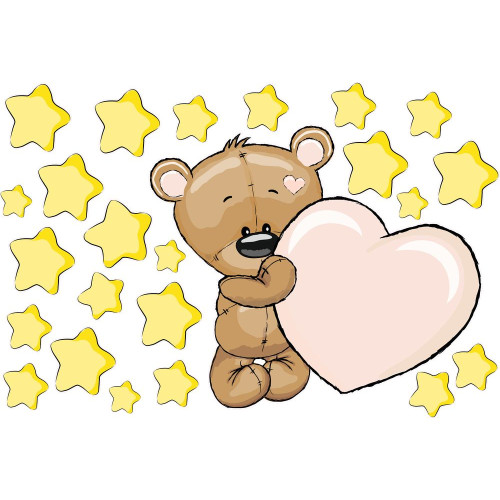 Szerelmes maci sárga csillagos bézs szíves falmatrica gyerekszobába| 24 db-os szett | 70 cm x 45 cm-től