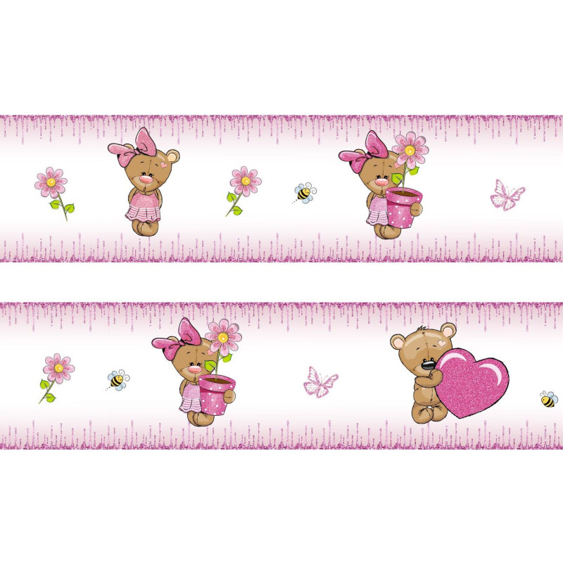 Maci kislány virágos, pink csillámos bordűr | 500 cm x 16 cm