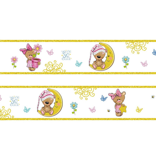 Maci kislány csillagos, arany csillámos bordűr | 500 cm x 16 cm