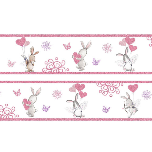 Pink nyuszik lufikkal csillámos bordűr | 500 cm x 16 cm Pink nyuszik lufikkal csillámos bordűr | 500 cm x 16 cm