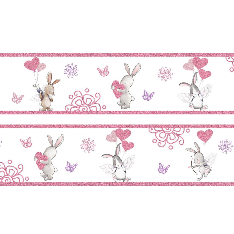 Pink nyuszik lufikkal csillámos bordűr | 500 cm x 16 cm Pink nyuszik lufikkal csillámos bordűr | 500 cm x 16 cm