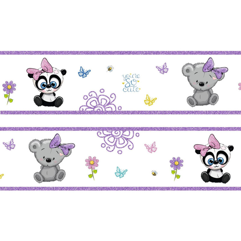 Panda és koalamaci lila csillámos bordűr | 500 cm x 16 cm