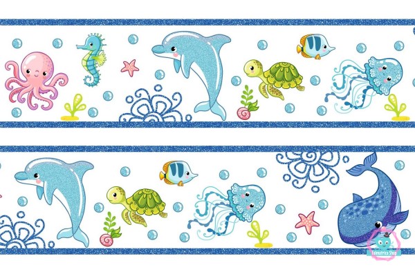 Tengeri állatok kék csillámos bordűr  |  500  cm x 16 cm