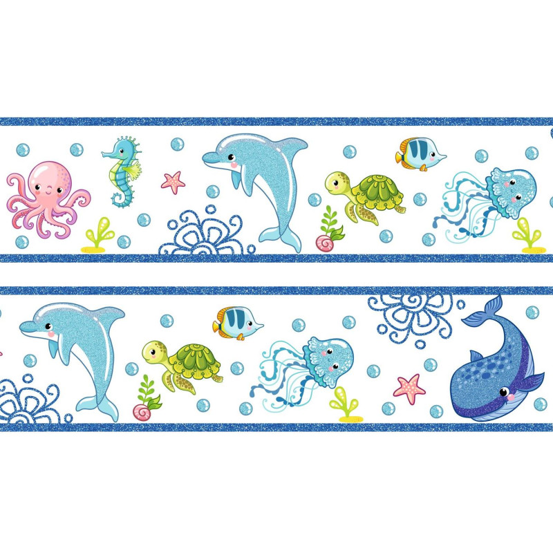 Tengeri állatok kék csillámos bordűr | 500 cm x 16 cm