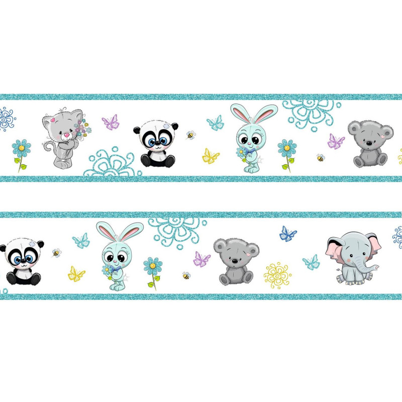 Nyuszi, cica, panda, elefánt, koala állatos türkiz csillámos bordűr | 500 cm x 16 cm