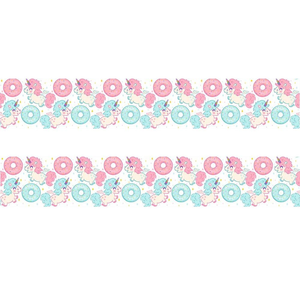Egyszarvú és fánkos türkizkék-rózsaszín bordűr, sűrű mintás | 500 cm x 14 cm