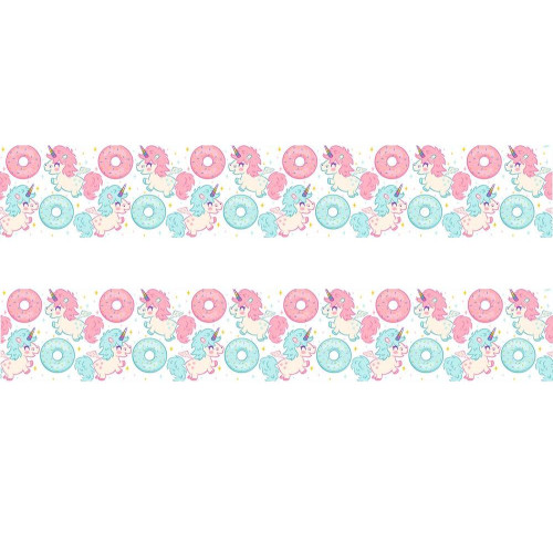 Egyszarvú és fánkos türkizkék-rózsaszín bordűr, sűrű mintás | 500 cm x 14 cm