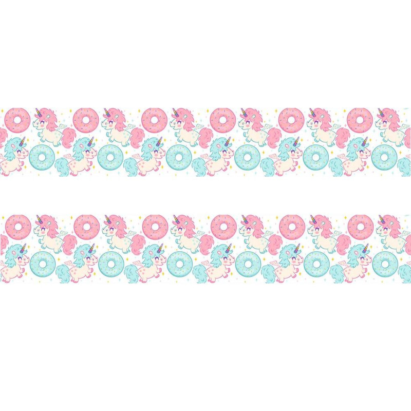 Egyszarvú és fánkos türkizkék-rózsaszín bordűr, sűrű mintás | 500 cm x 14 cm