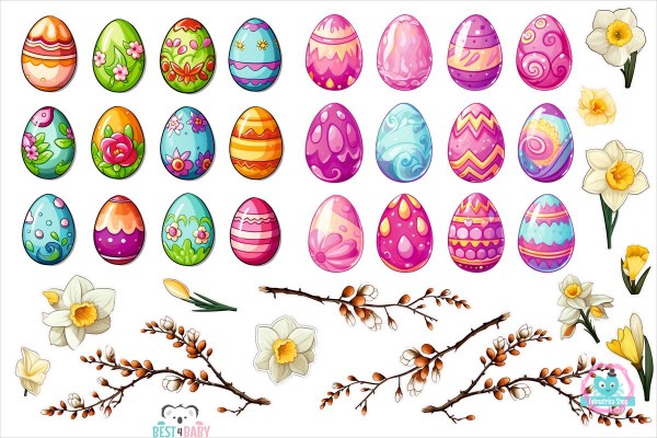 Húsvéti tojás, barka, nárcisz falmatrica csomag | 38  db-os szett | 70 cm x 45 cm