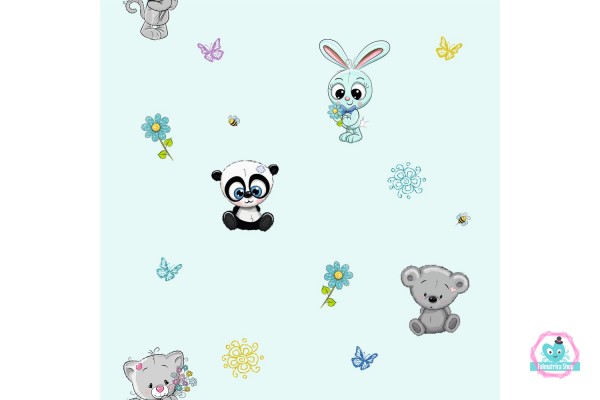 Fiú állatos menta csíkos csillámos gyerek tapéta, nyuszi, cica, panda, koala | 50 cm x 250 cm